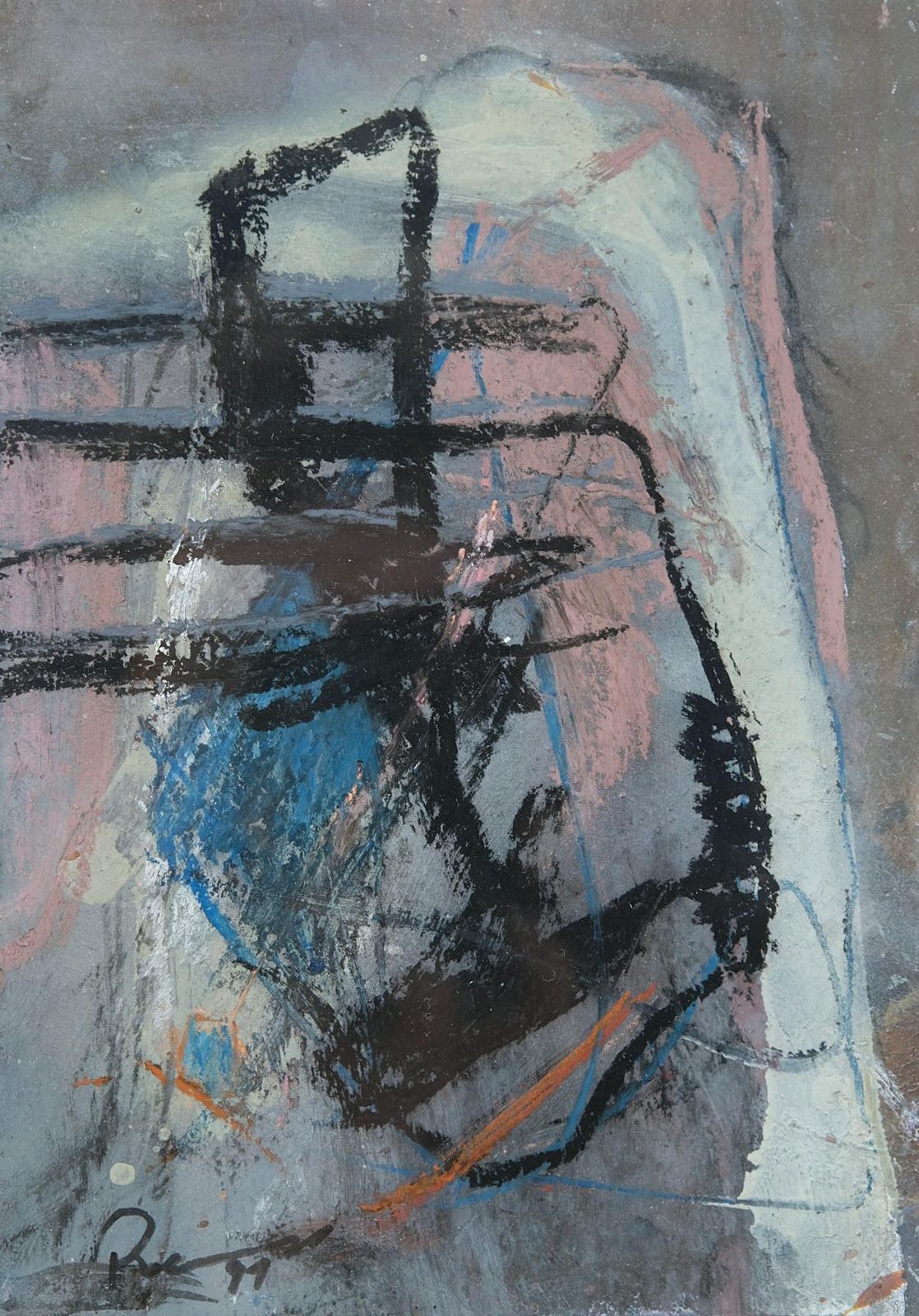 Strongly Graphic German Mixed Media Abstract Painting photo furniture