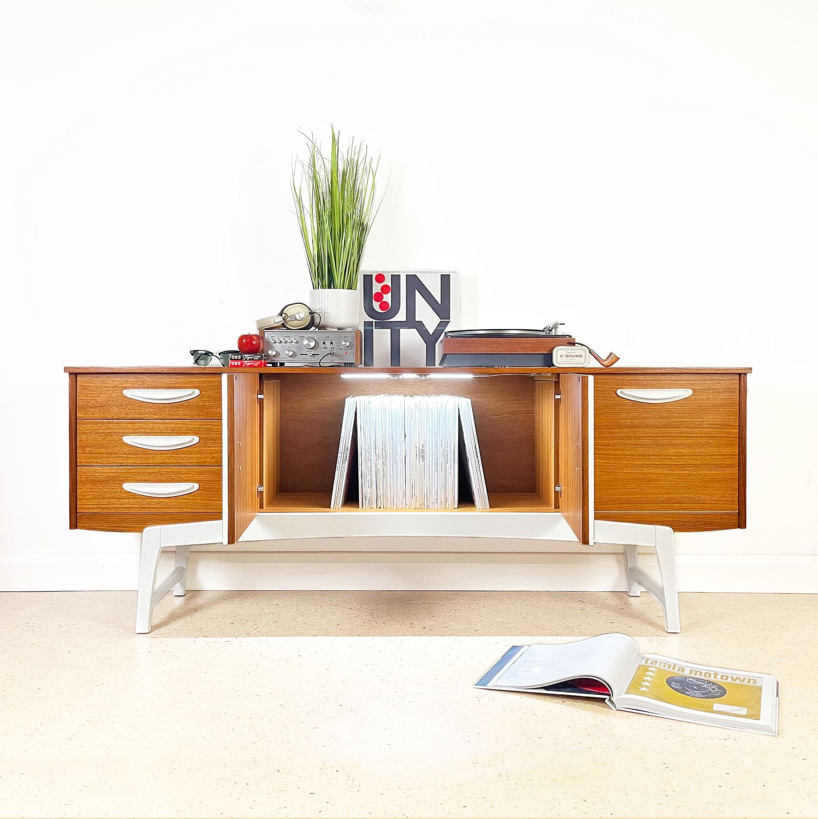photo buy Mid Century Teak Vinyl Record Cabinet By Stonehill In Gold And White With 3d Rpm Numerals