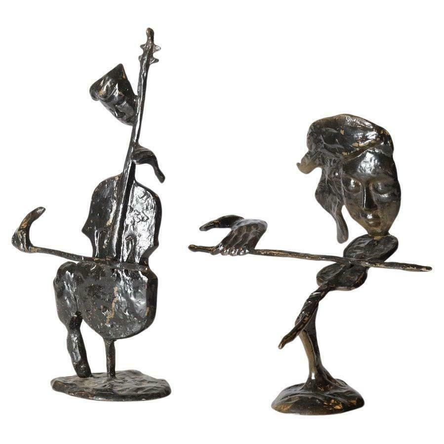 A Couple Of Antique Decorative Figurine Two Metal Musician Sculptures Home Decor