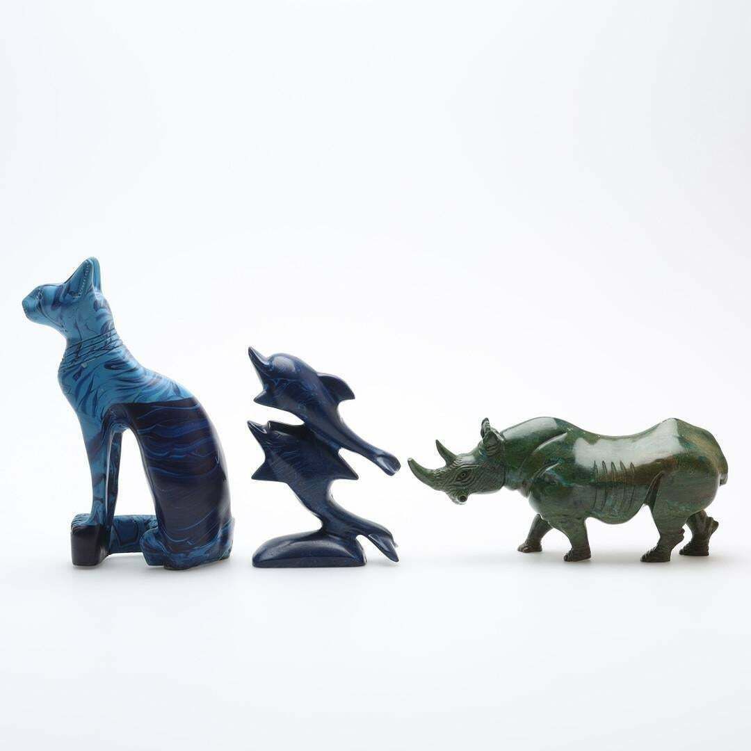 A Set Of 3 Antique Sculpture Decorative Stone Figurine Of Cat Rhinoceros Dolphin photo Art