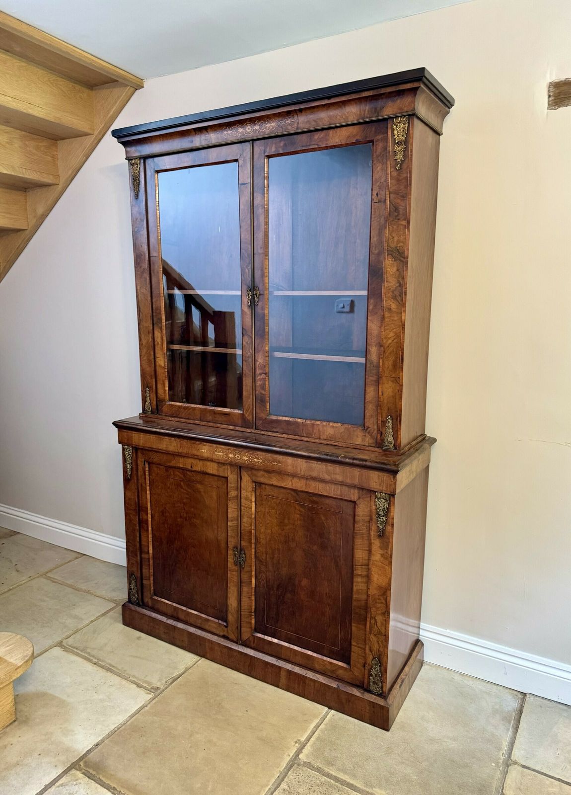 Fantastic Victorian Quality Burr Walnut Inlaid Bookcase Cabinet photo vinterior
