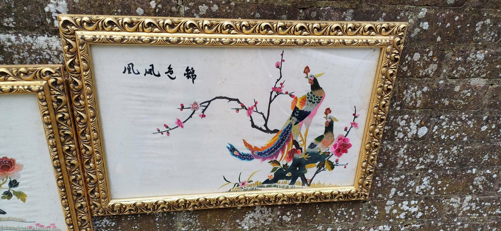 photo furniture Outstanding Colourful Pair Of Vintage Bird Of Paradise Embroidery Pictures In Ornate Gold Frames.
