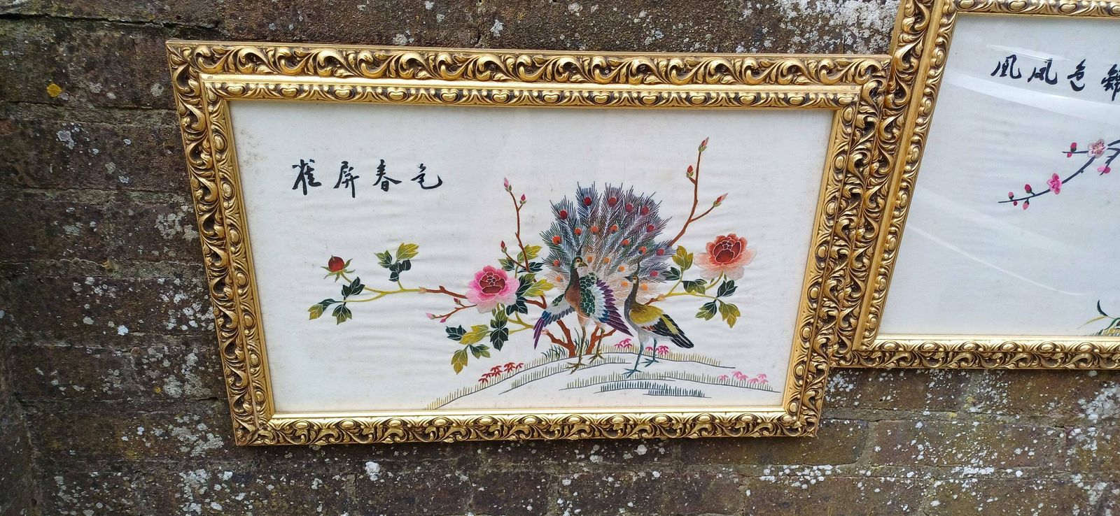 photo for sale Outstanding Colourful Pair Of Vintage Bird Of Paradise Embroidery Pictures In Ornate Gold Frames.