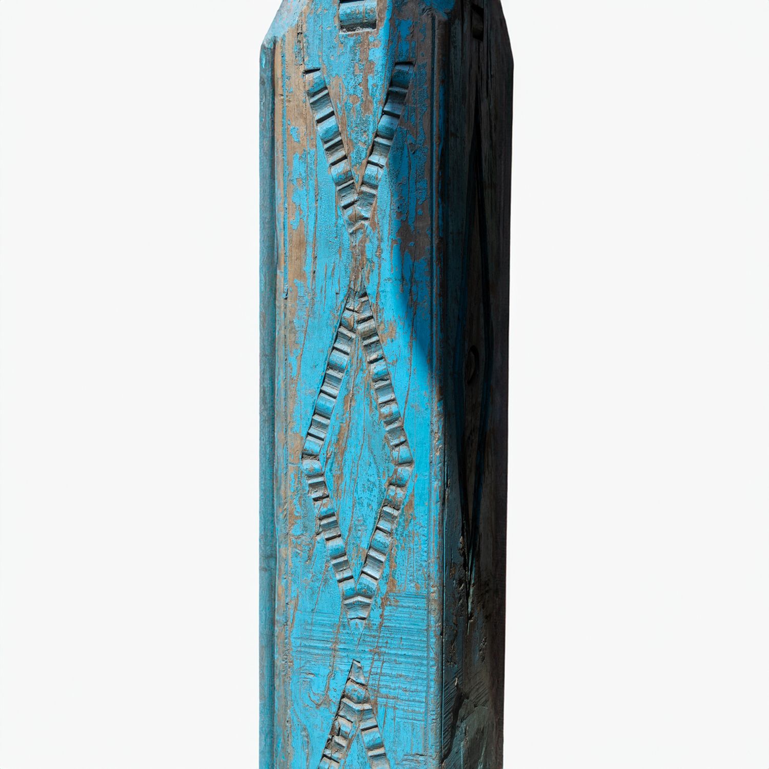 Pair Of Reclaimed Blue Carved Indian Columns On Wooden Plinths photo vinterior
