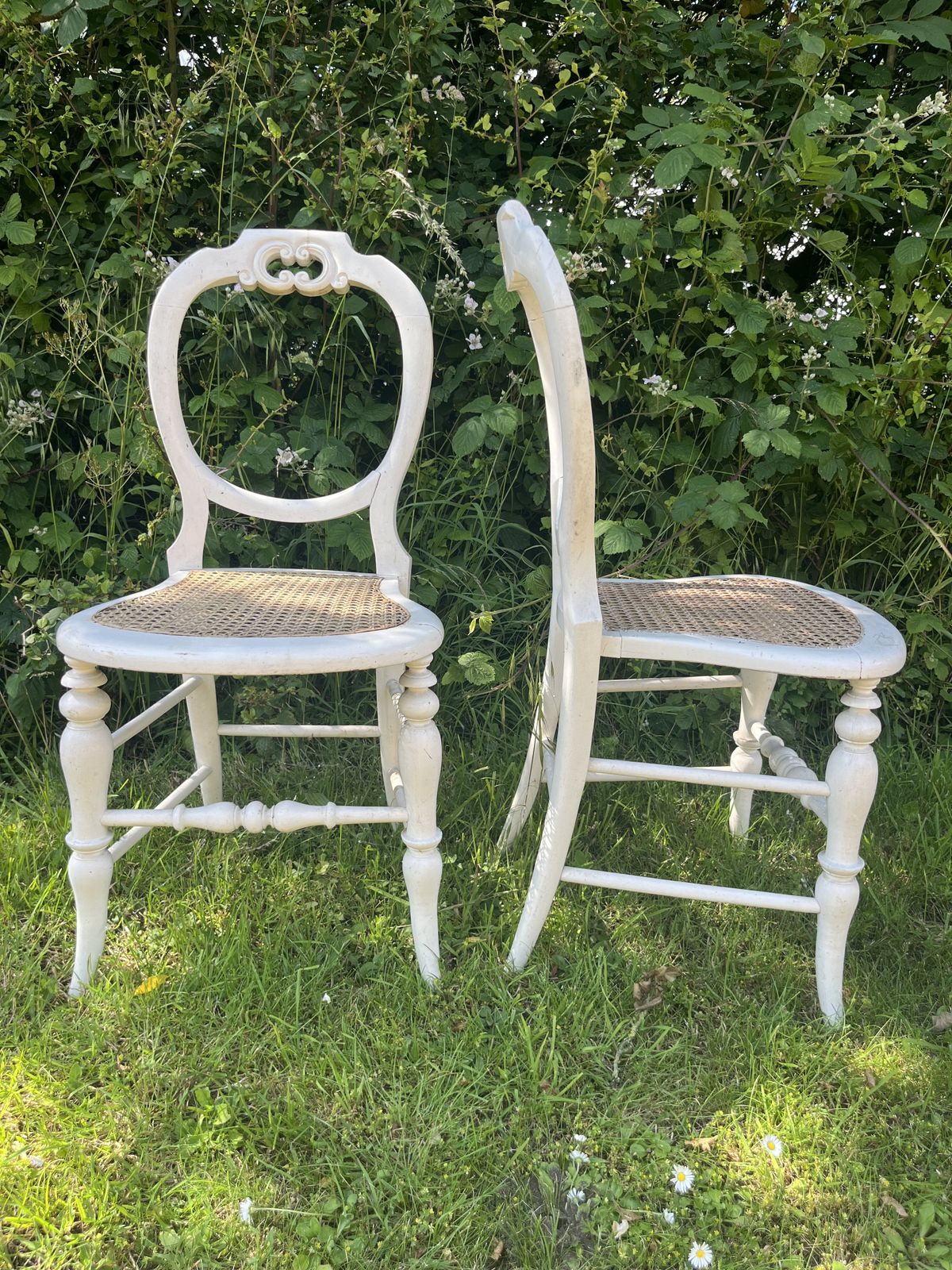 Pair Of Pretty White Painted 19th Century Chairs With Cane  Seats
