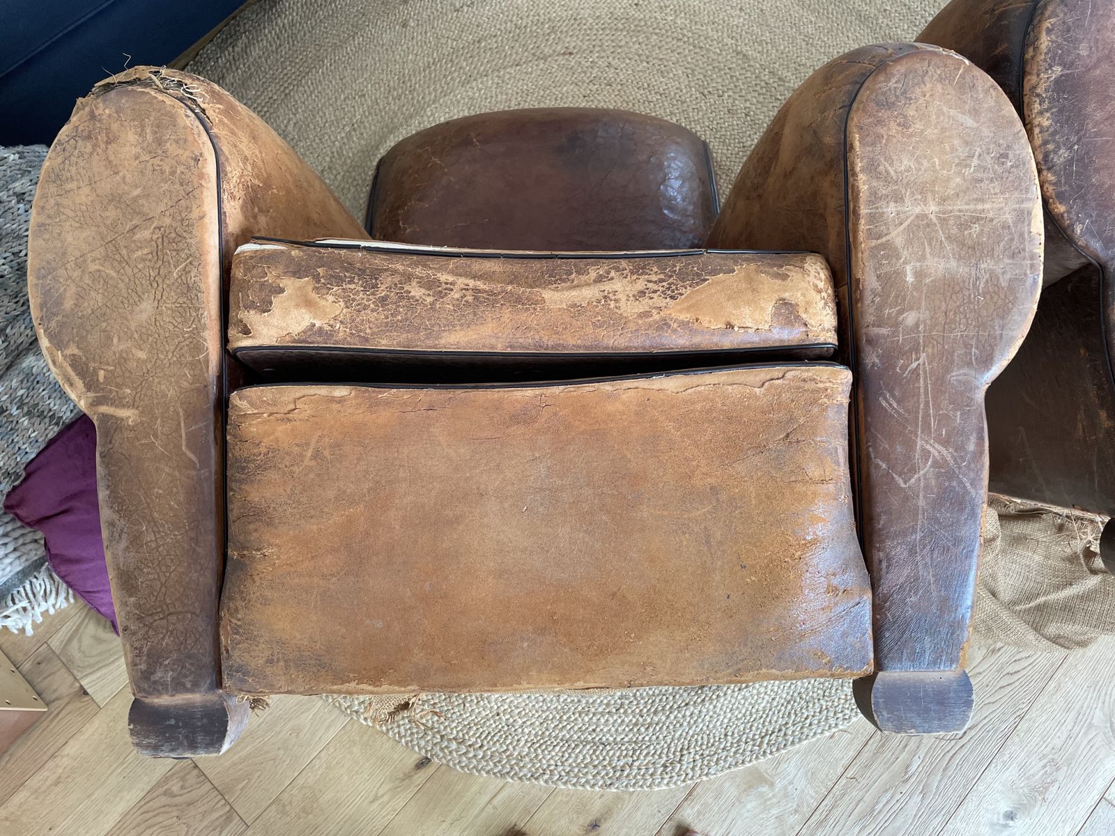 Pair Of French Brown Leather Club Chairs Circa 1920 30 Original Condition photo for sale