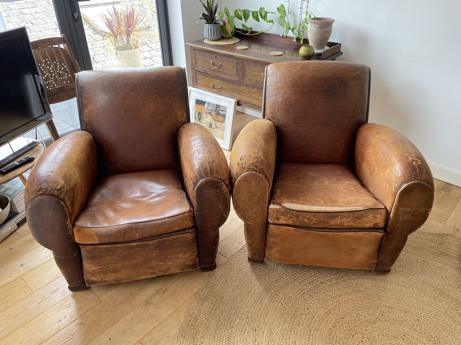 Pair Of French Brown Leather Club Chairs Circa 1920 30 Original Condition photo buy