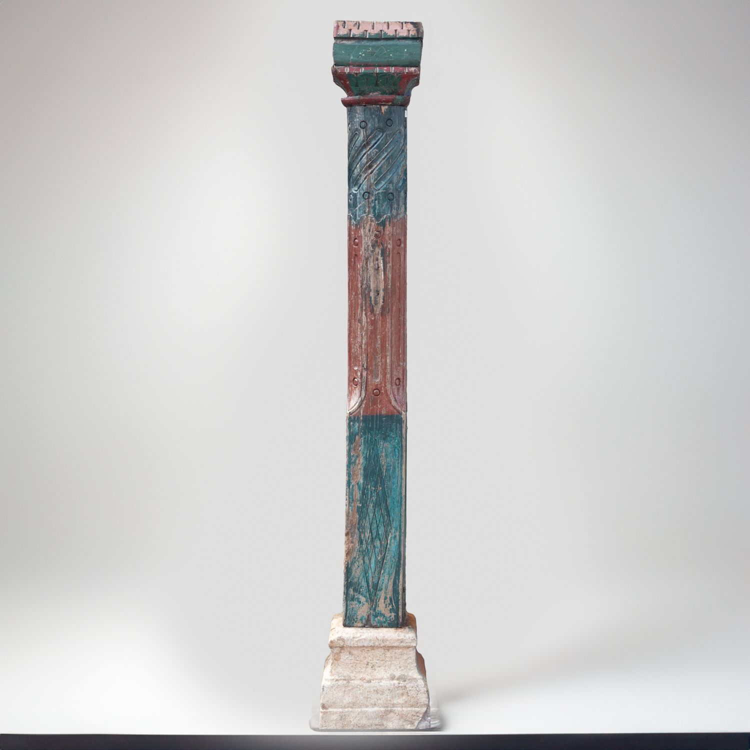 Pair Of Reclaimed Red & Green Carved Indian Columns On Stone Plinths H photo vinterior
