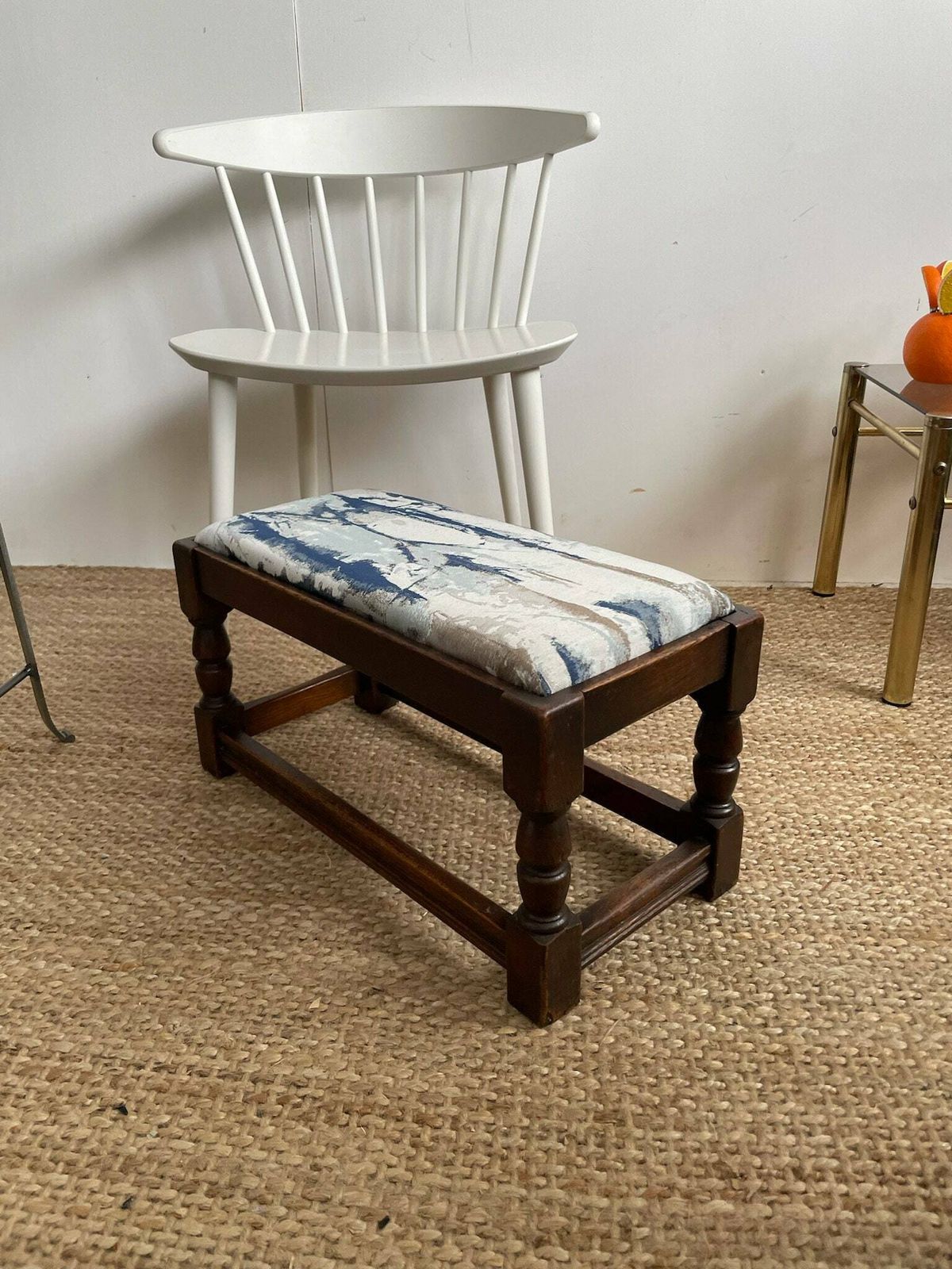 Chunky Dark Wooden Footstool With Andrew Martin Ink Blue Fabric Top photo furniture
