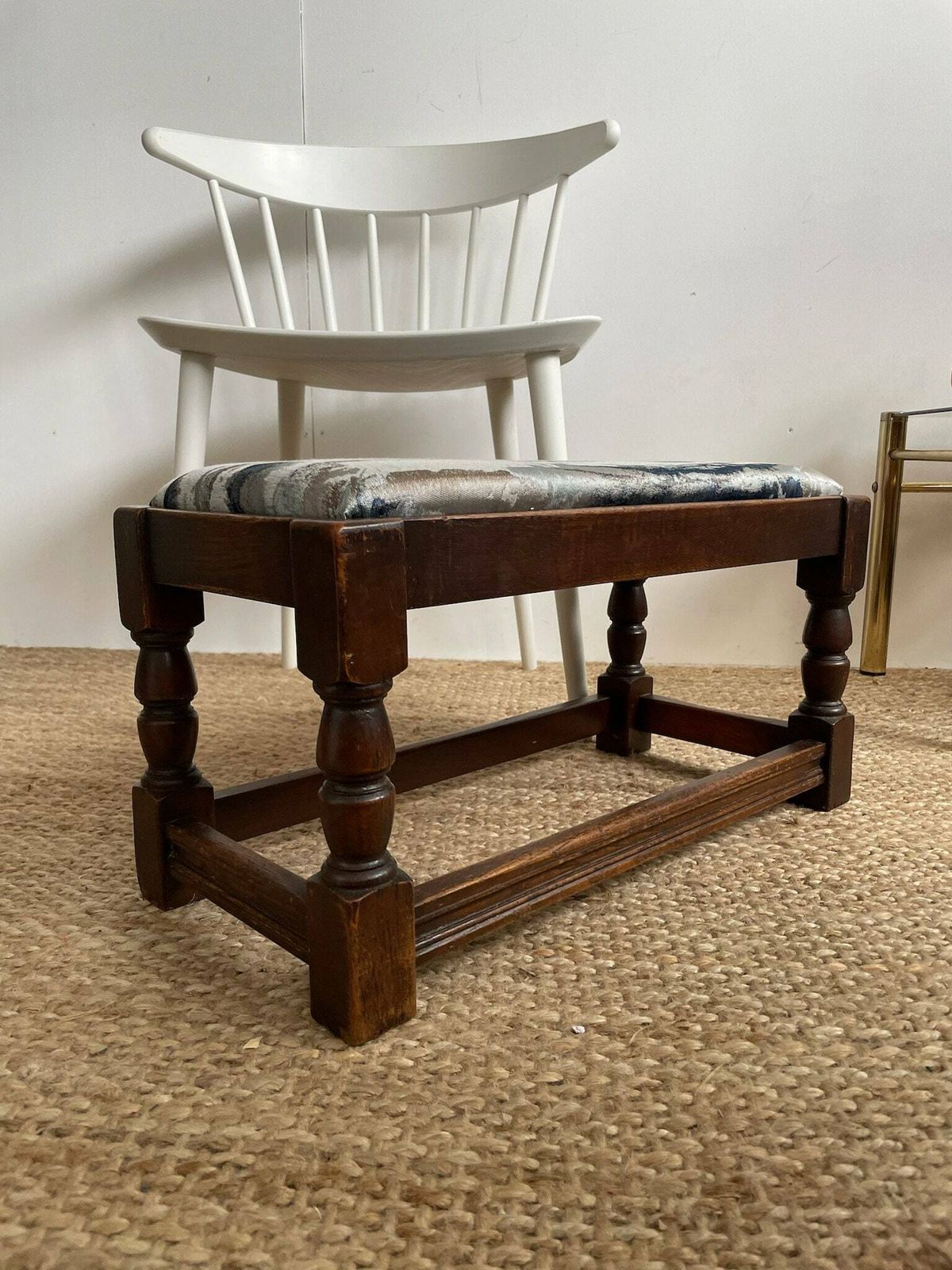 Chunky Dark Wooden Footstool With Andrew Martin Ink Blue Fabric Top photo Furniture