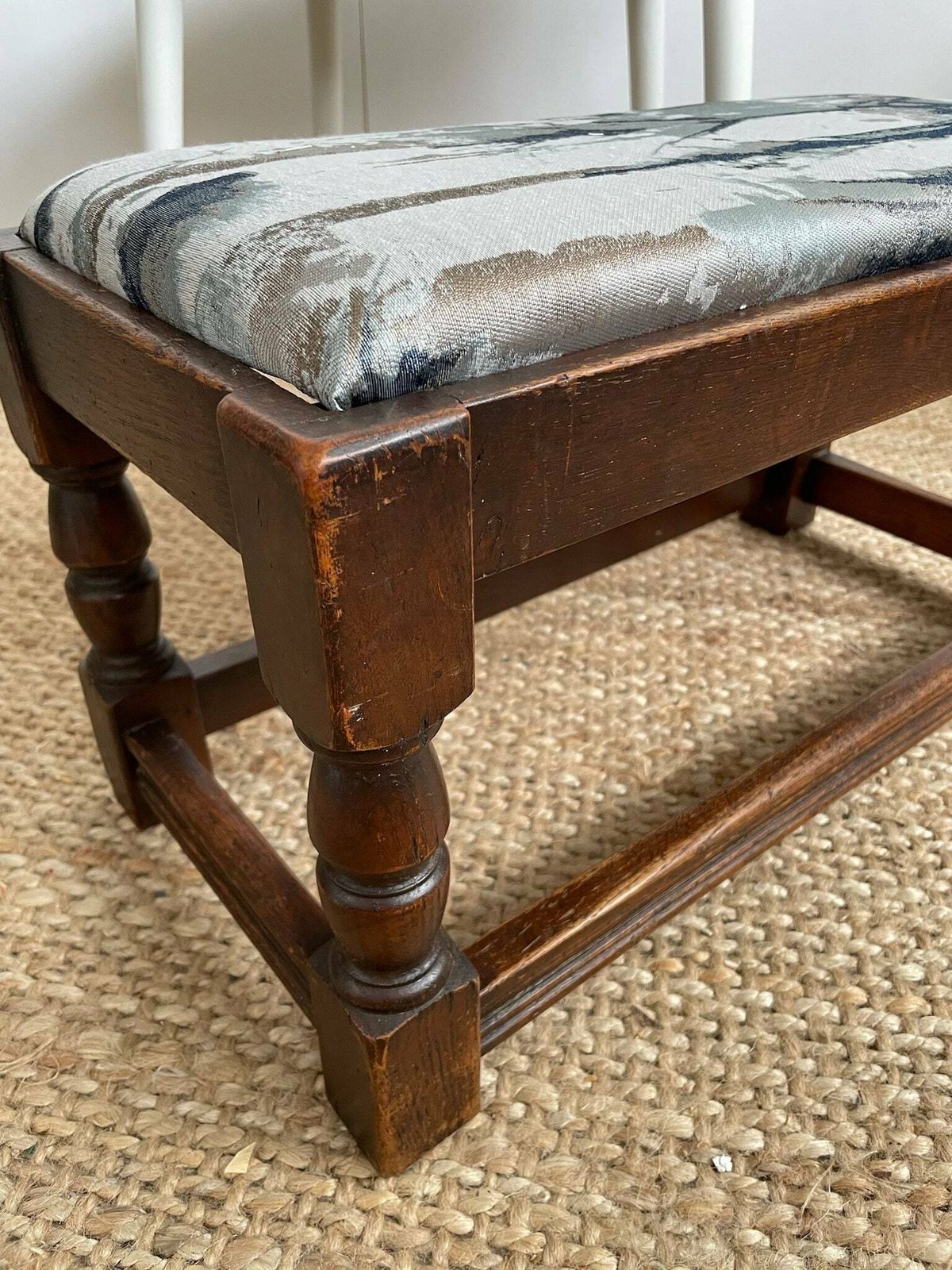Chunky Dark Wooden Footstool With Andrew Martin Ink Blue Fabric Top photo 140.0