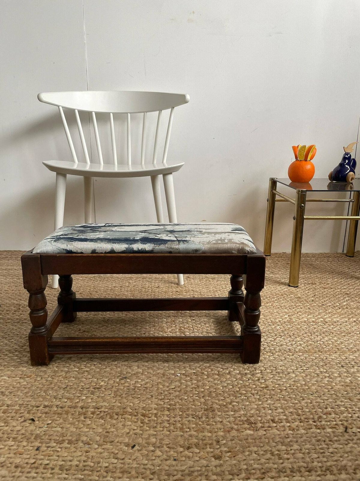 Chunky Dark Wooden Footstool With Andrew Martin Ink Blue Fabric Top photo vintage