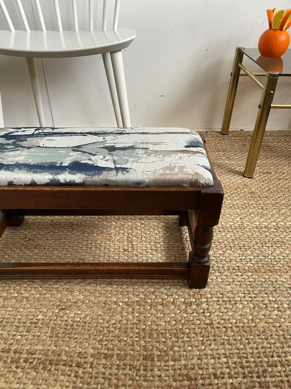 photo for sale Chunky Dark Wooden Footstool With Andrew Martin Ink Blue Fabric Top