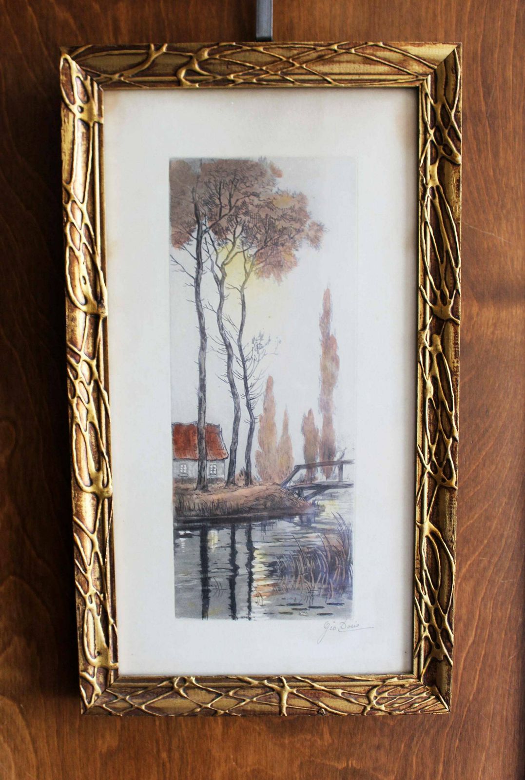 Circa 1900s Aquatint Etching, Signed By Artist Geo Doris, Carved Frame, Landscape Scenery Bridge Country Scene,