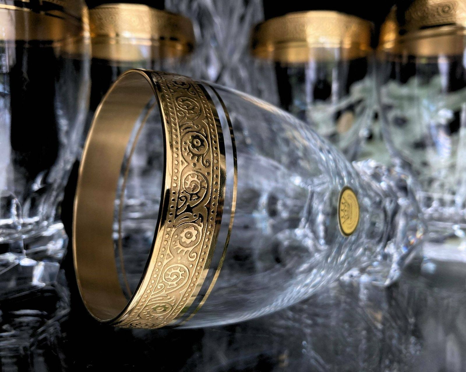 Kristallen Waterglazen Groot | 6 Stuks | 24k Goud | Theresienthal | Ca. Jaren 1950 photo for sale
