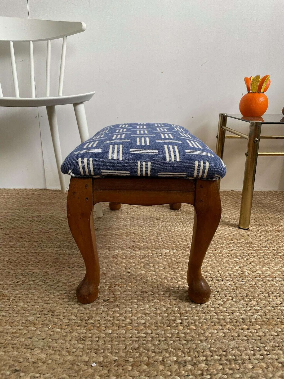 Vintage Footstool With Cabriolet Legs And Blue And White Wool Seat photo 155.0