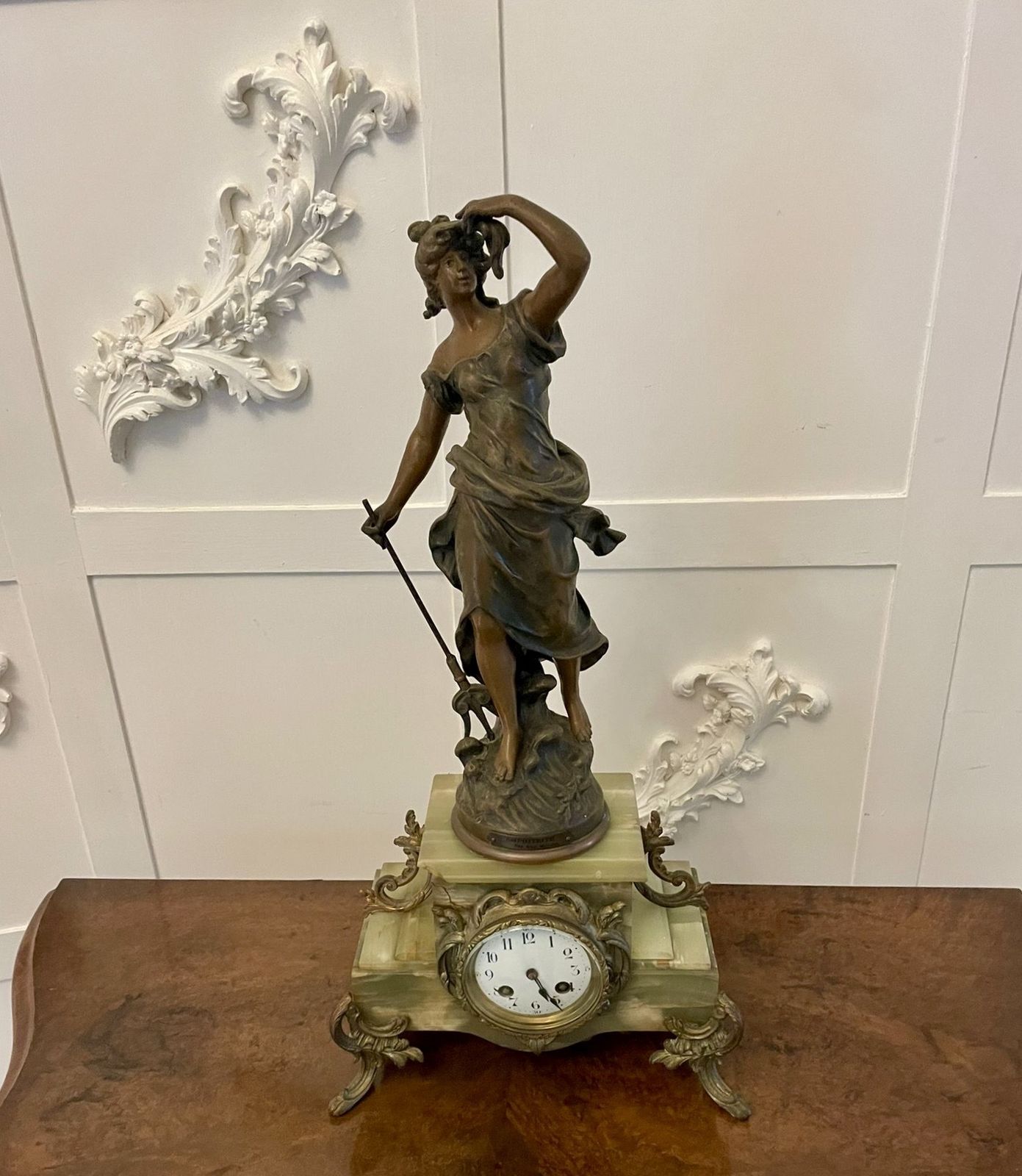 Antique French Onyx And Spelter Clock Depicting Amphitrite After Auguste Moreau photo 1425.0