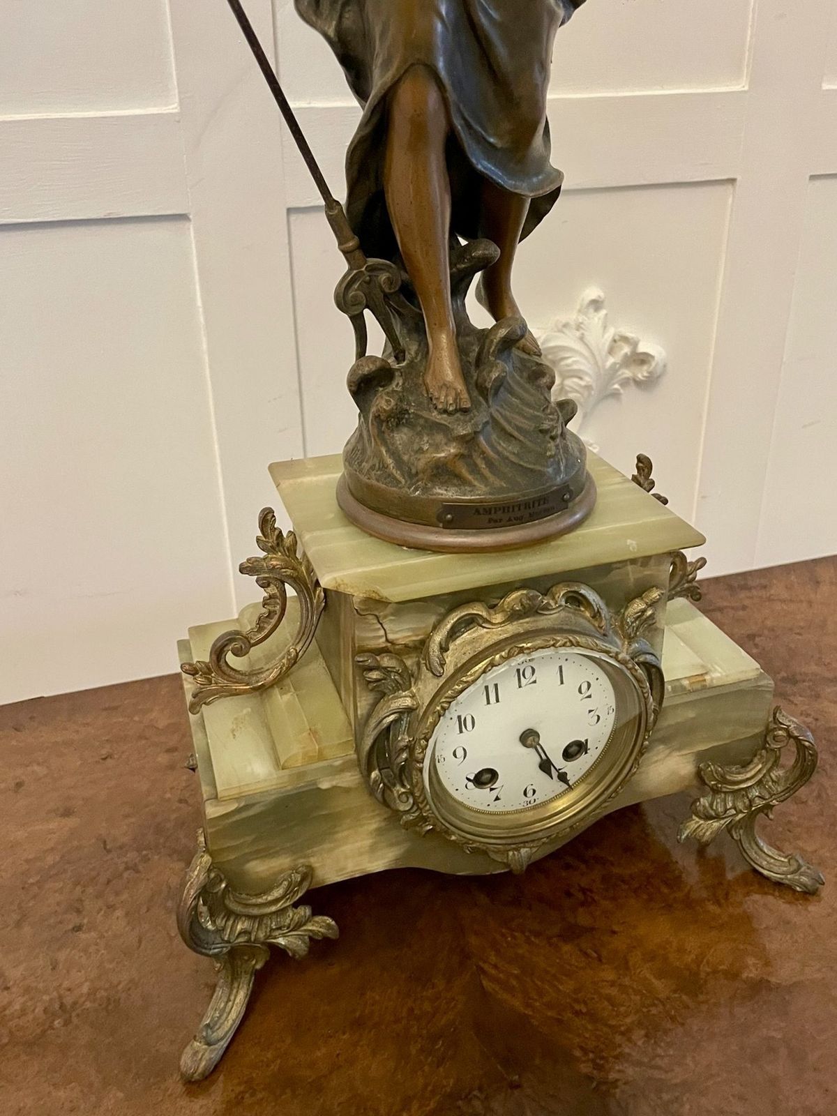 Antique French Onyx And Spelter Clock Depicting Amphitrite After Auguste Moreau photo vinterior