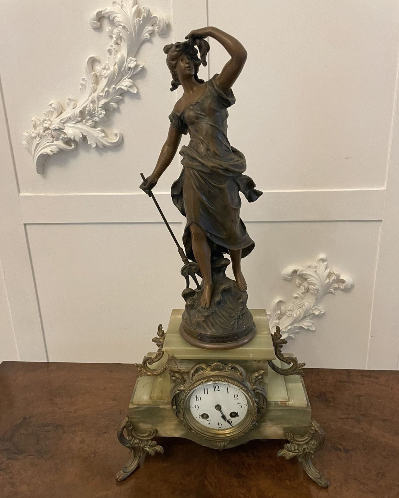 Antique French Onyx And Spelter Clock Depicting Amphitrite After Auguste Moreau