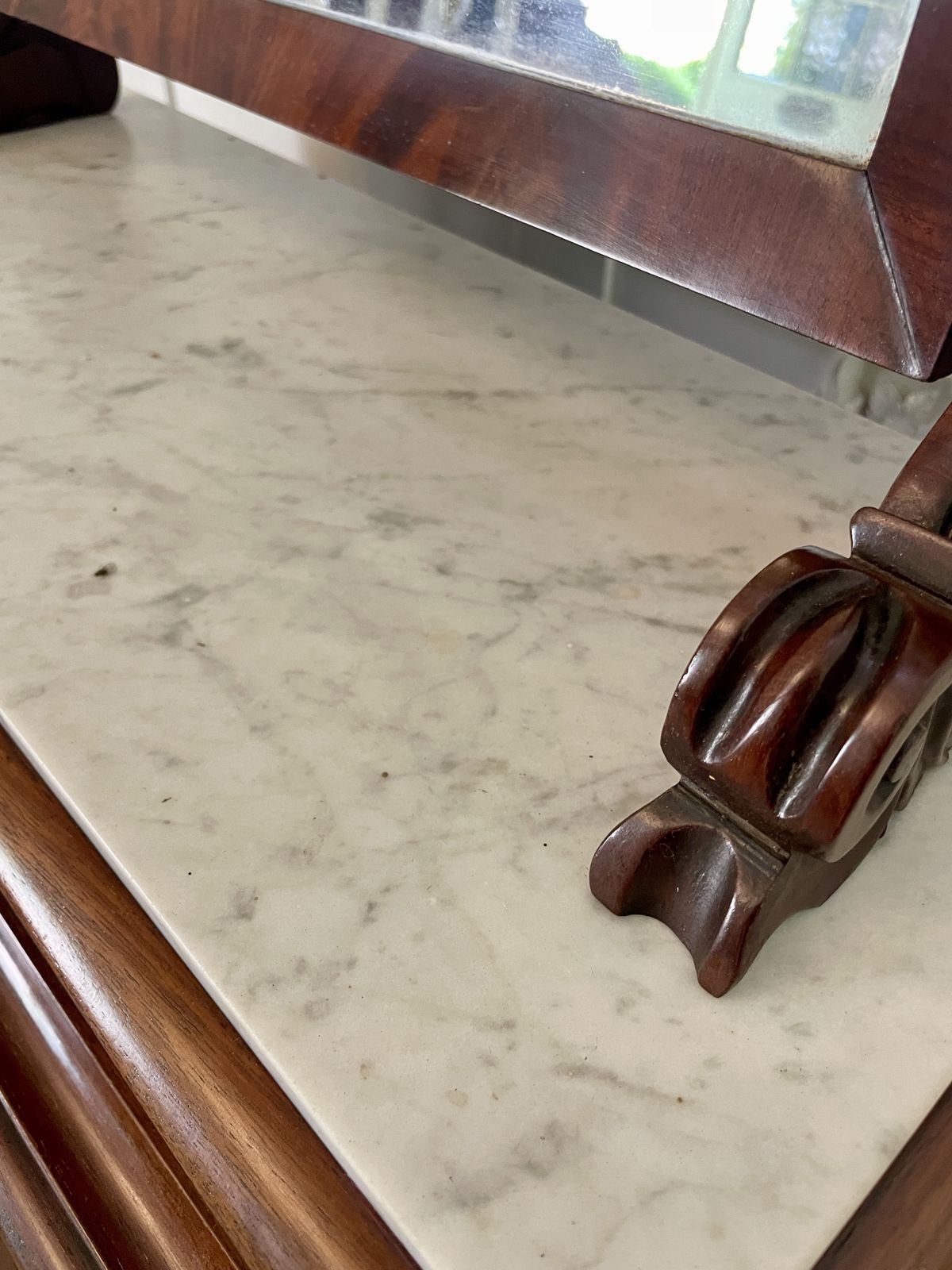 photo for sale Large Antique 19th Century Mahogany And Marble Topped Swing Mirror