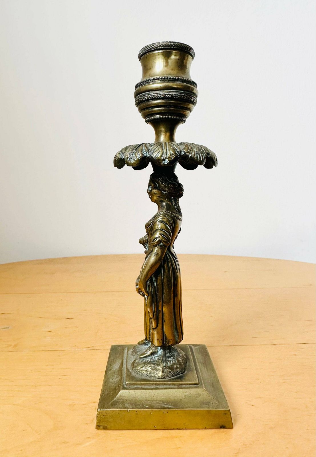 Antique Regency Bronze Candlestick, Art Nouveau Candlestick, Lady Palm Tree Leaves photo buy