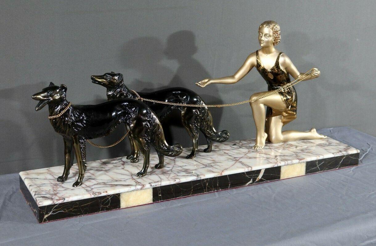 Woman With Greyhounds In Patinated Metal, Art Deco Period – 1930 photo for sale