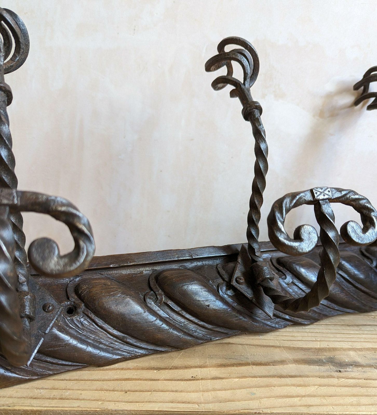 Vintage French Wrought Iron & Oak Coat Hooks Or Hat Hooks Hanging Hooks photo vintage