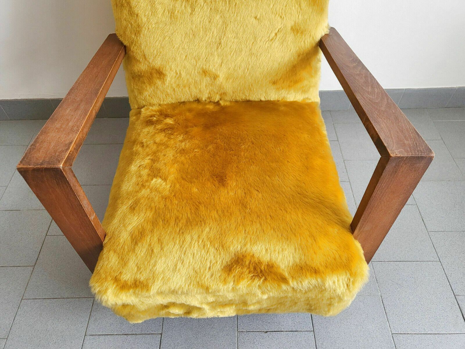 Vintage Fauteuil 1940 Eiken & Oker Synthetisch Bont, In De Stijl Van Jean Royère, Jaren 1940 photo Meubels