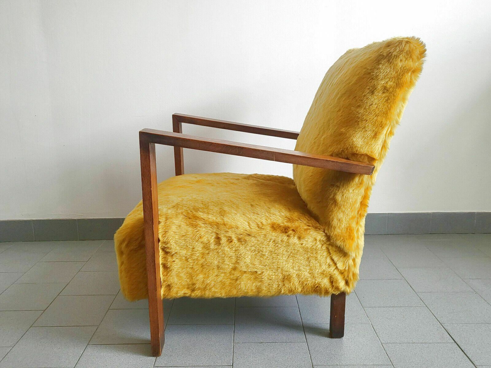 Vintage Fauteuil 1940 Eiken & Oker Synthetisch Bont, In De Stijl Van Jean Royère, Jaren 1940 photo buy