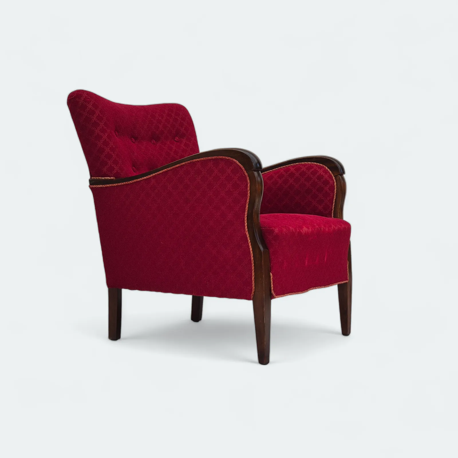 1950s, Danish Design, Armchair, Original Condition, Red Cotton Wool Fabric.