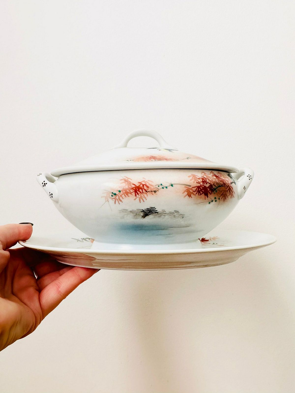Japanese Kutani Porcelain Sauce Dish, Gravy Boat With Plate, Hand Painted Dish