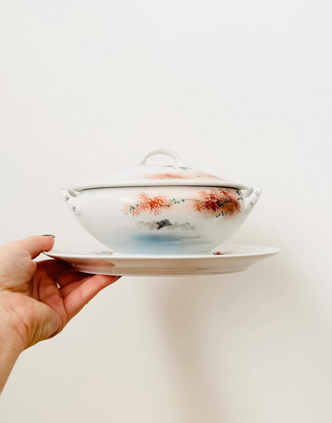 Japanese Kutani Porcelain Sauce Dish, Gravy Boat With Plate, Hand Painted Dish photo vinterior