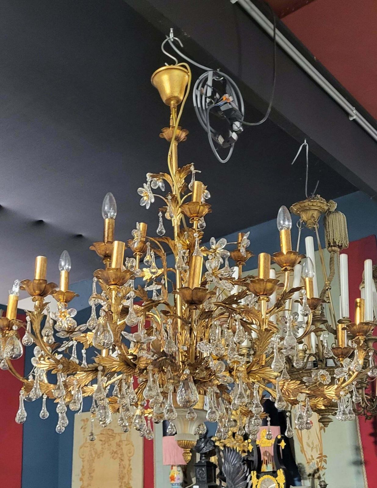 Stunning, Italian, 1930’s Gilt Metal, Murano Crystal Chandelier
