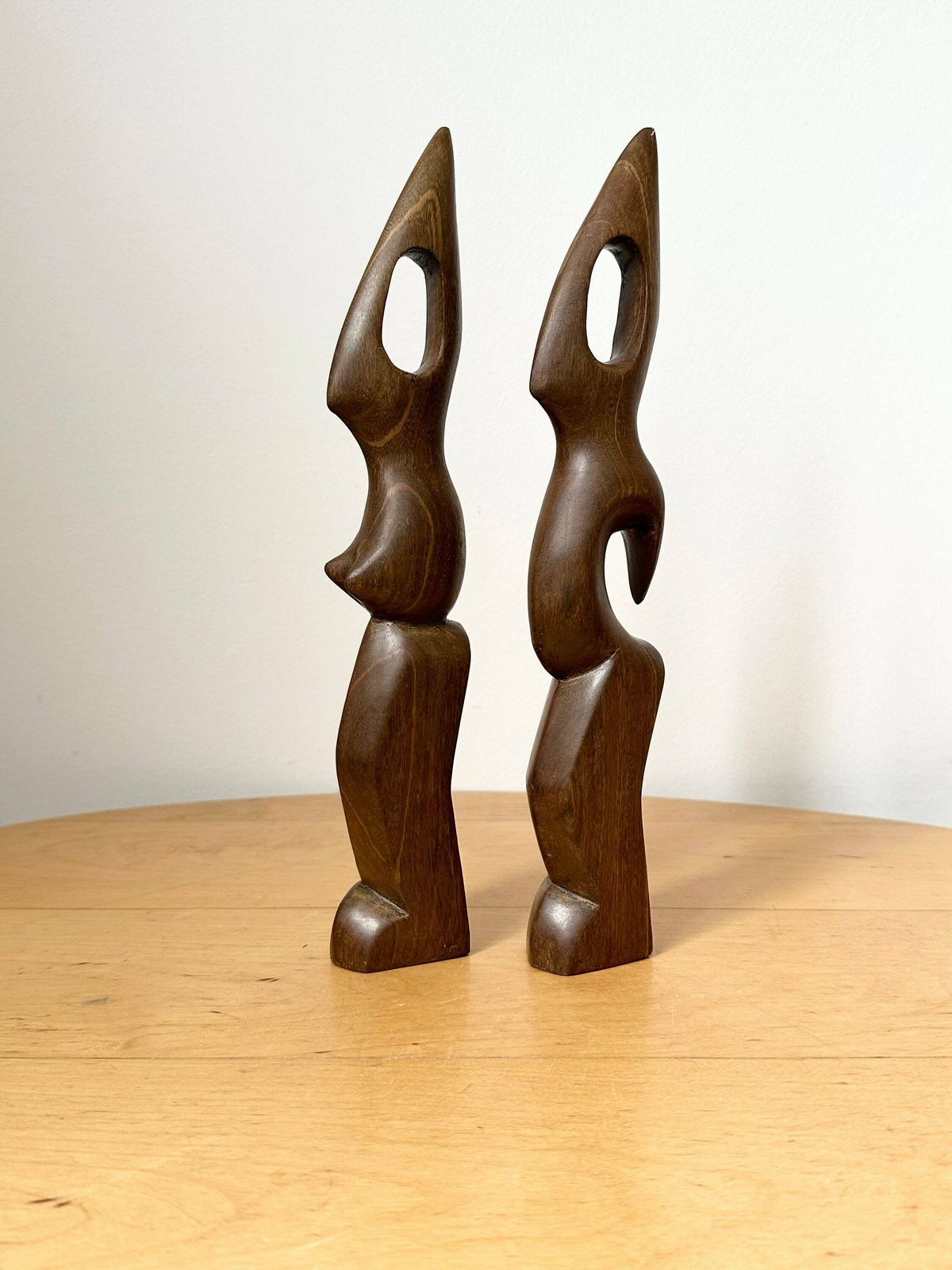 Hand Carved Biomorphic Wooden Sculptures, Man And Woman, Abstract Wood Carvings photo for sale