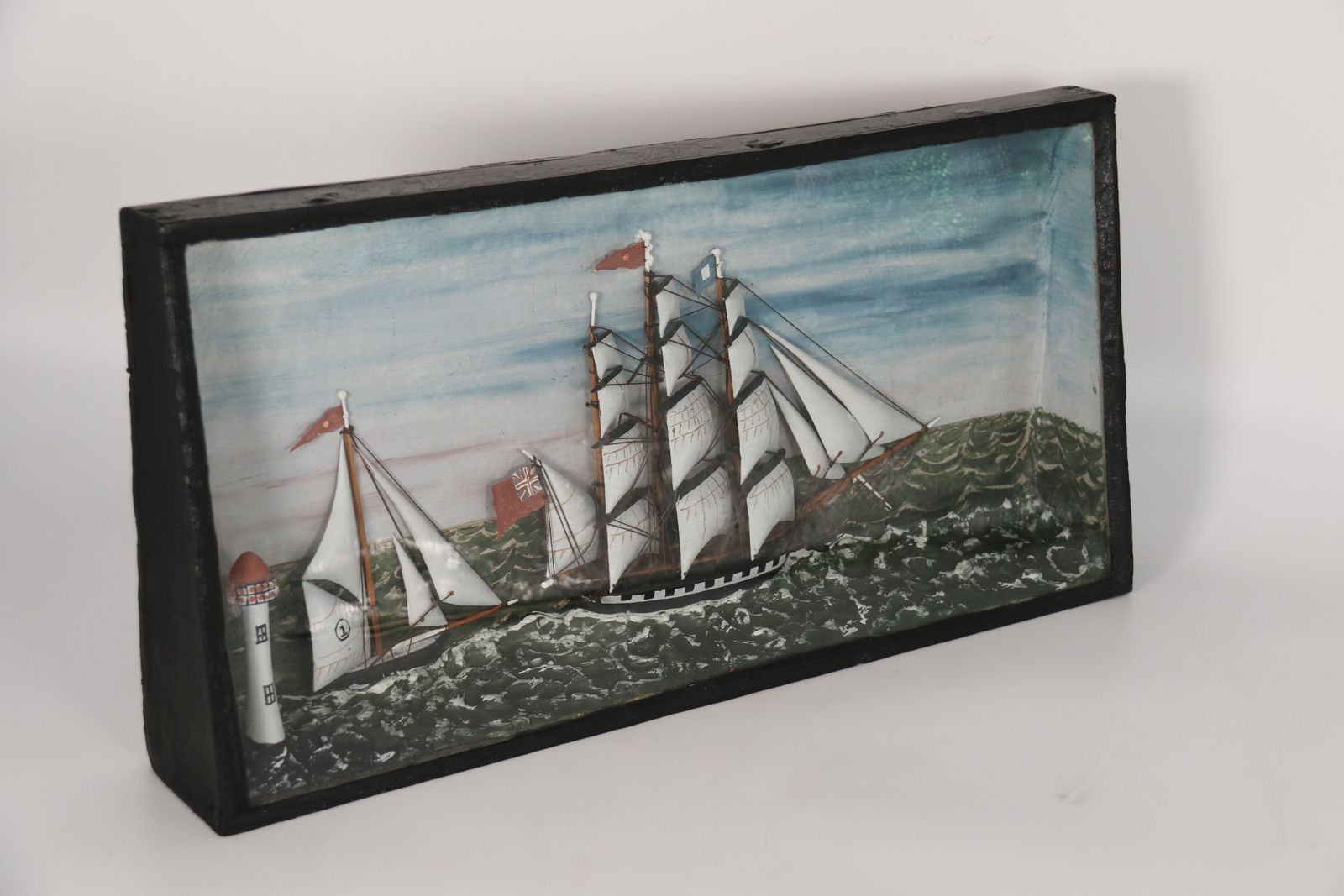 A 19th  Century Folk Art Diorama Of Two Sailing Vessels Racing At Sea Circa 1860 photo for sale