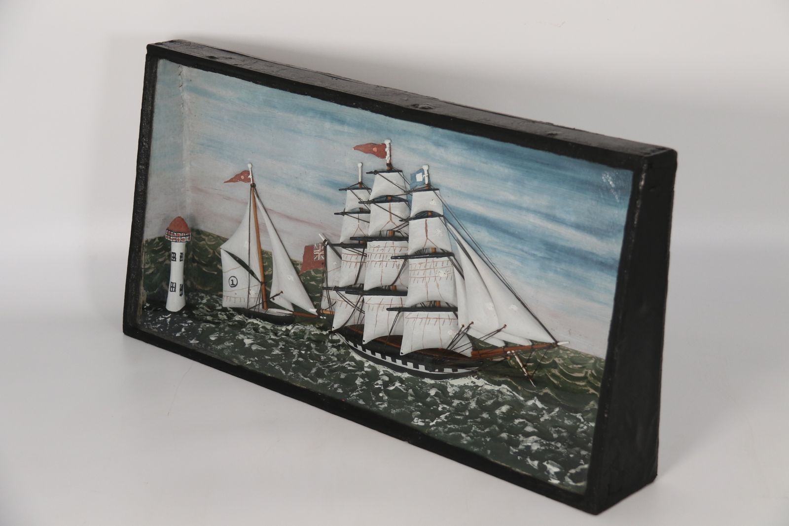 Home Decor A 19th  Century Folk Art Diorama Of Two Sailing Vessels Racing At Sea Circa 1860 photo