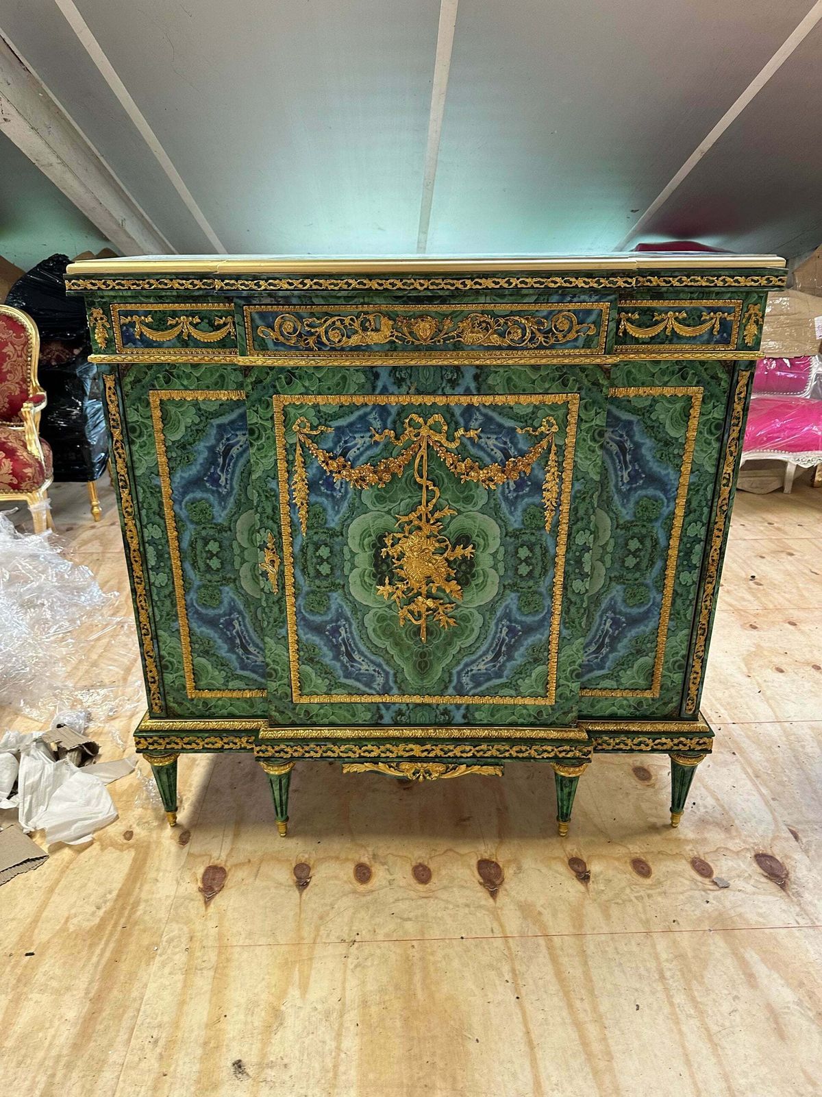 Stunning, French Louis XV, Malachite Coated Pier Cupboard