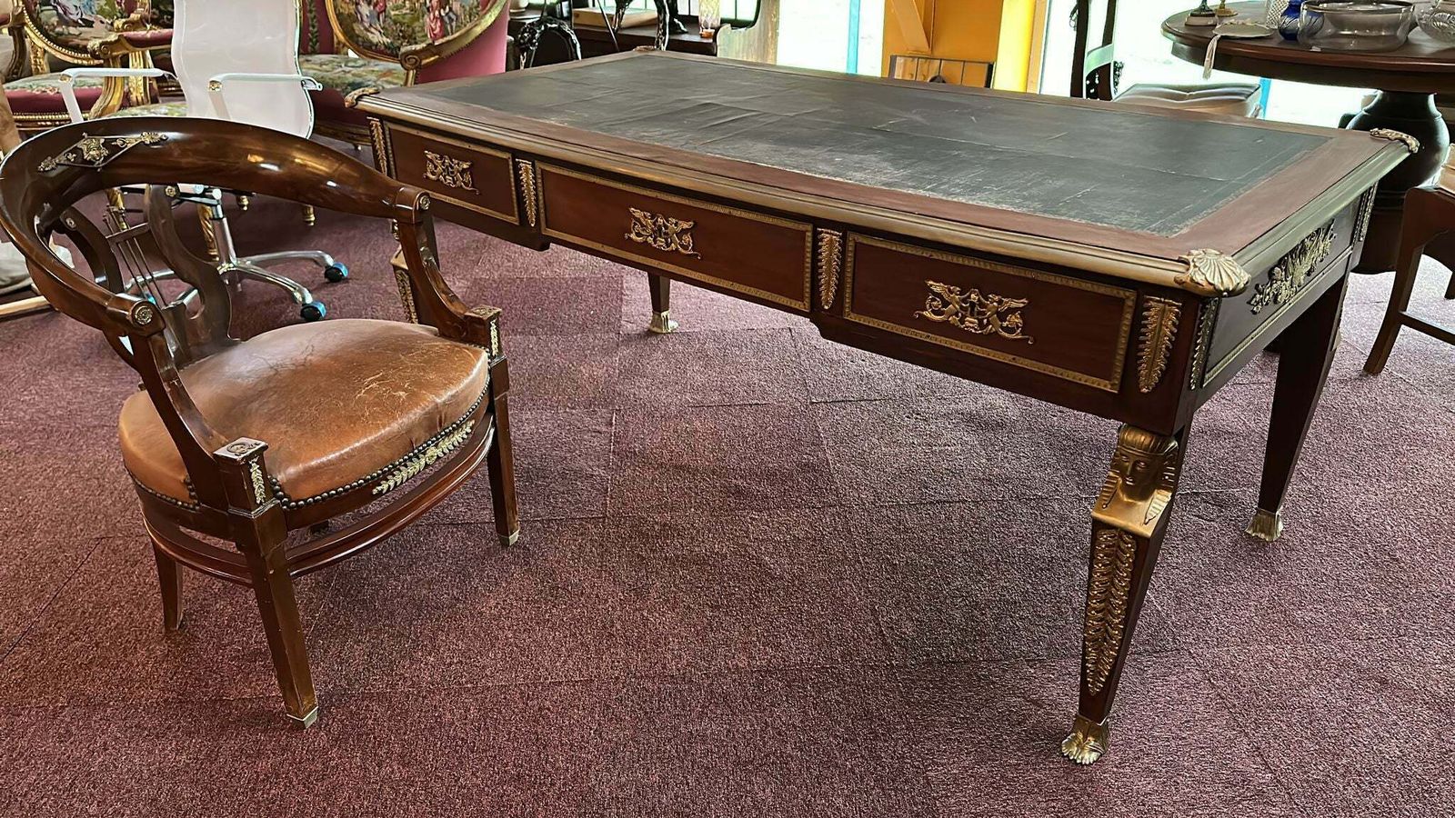 French Louis XV Empire Double Sided Leather Top Desk With Bronze Ormolu