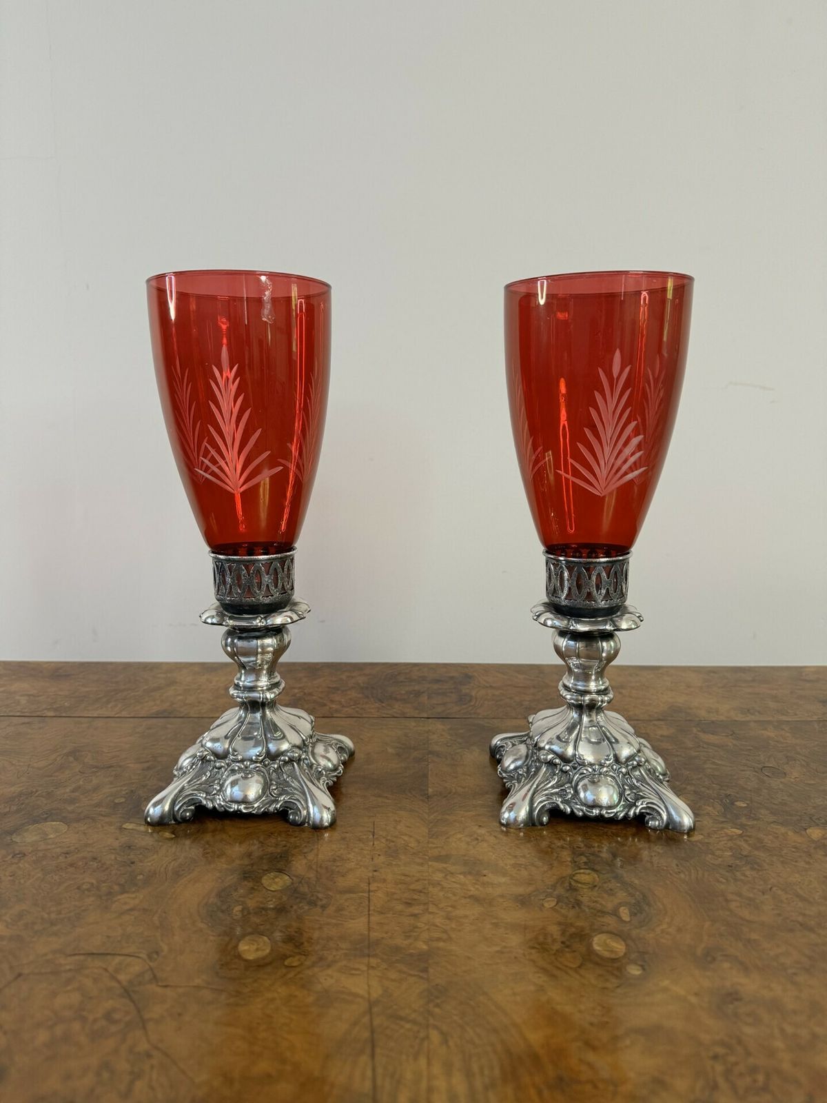 Attractive Pair Of Antique Ruby Glass And Silver Plated Candle Holders photo Home Decor