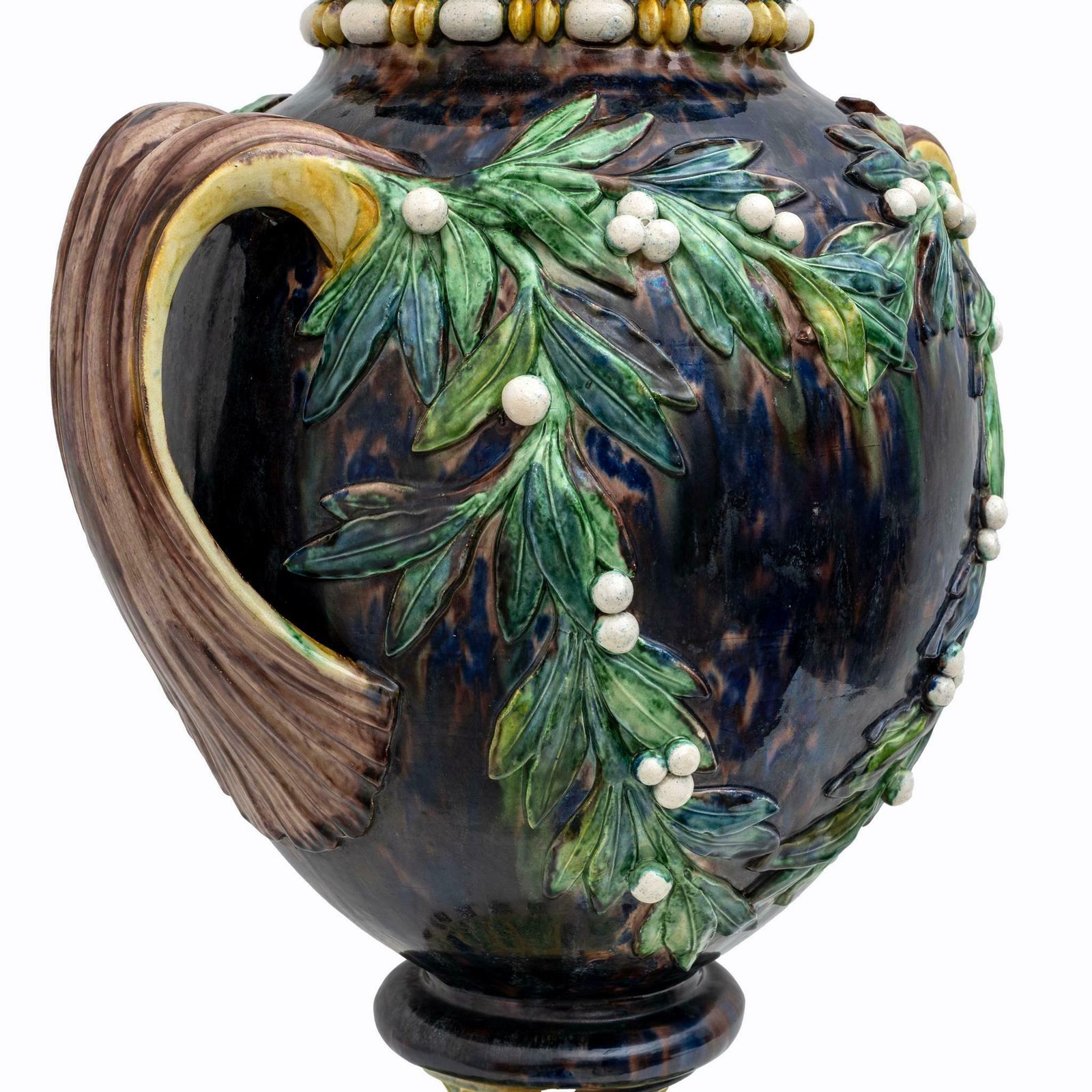 Large 19th Century French Majolica Renaissance Palissy Vase With Mistletoe, 1880 photo Home Decor