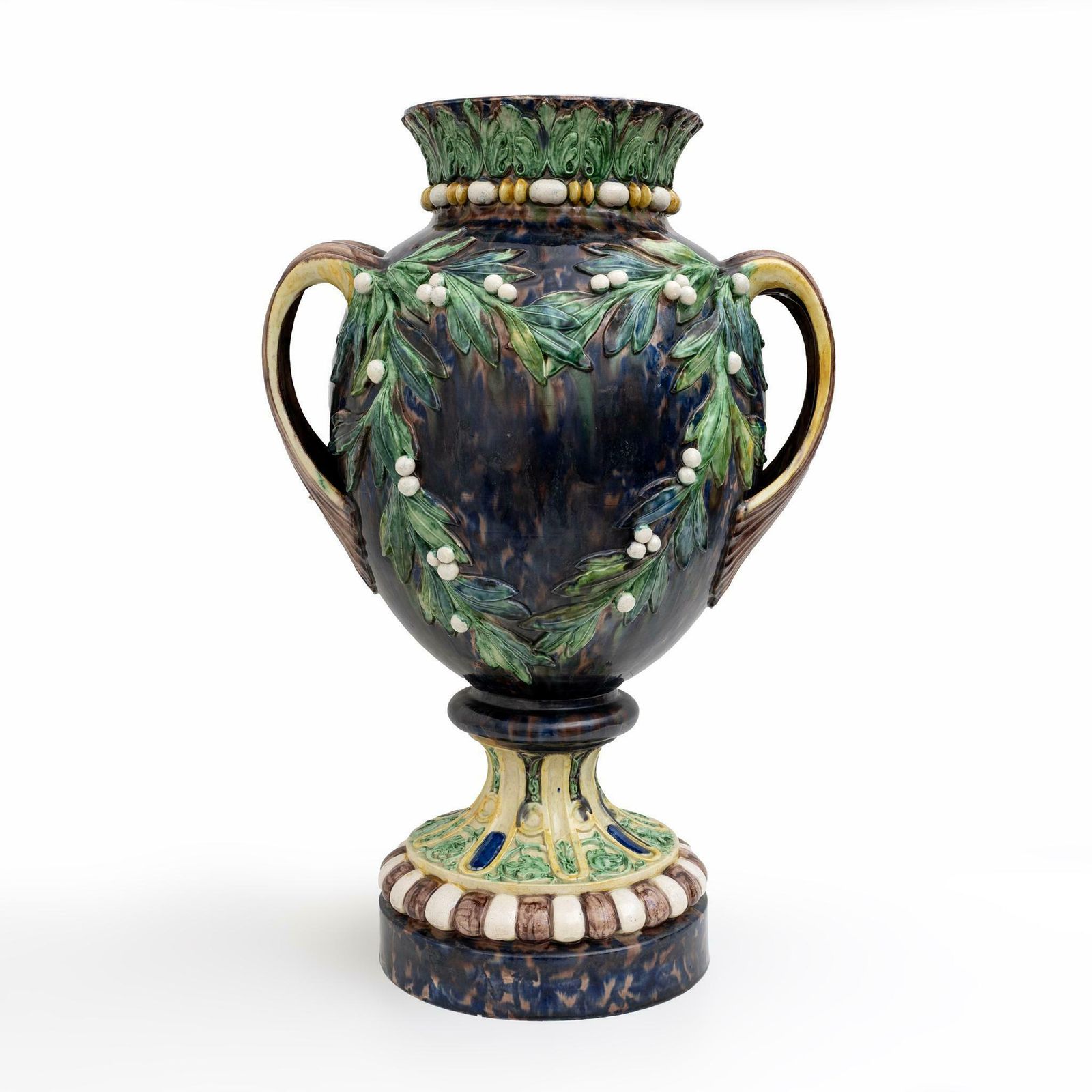 photo for sale Large 19th Century French Majolica Renaissance Palissy Vase With Mistletoe, 1880