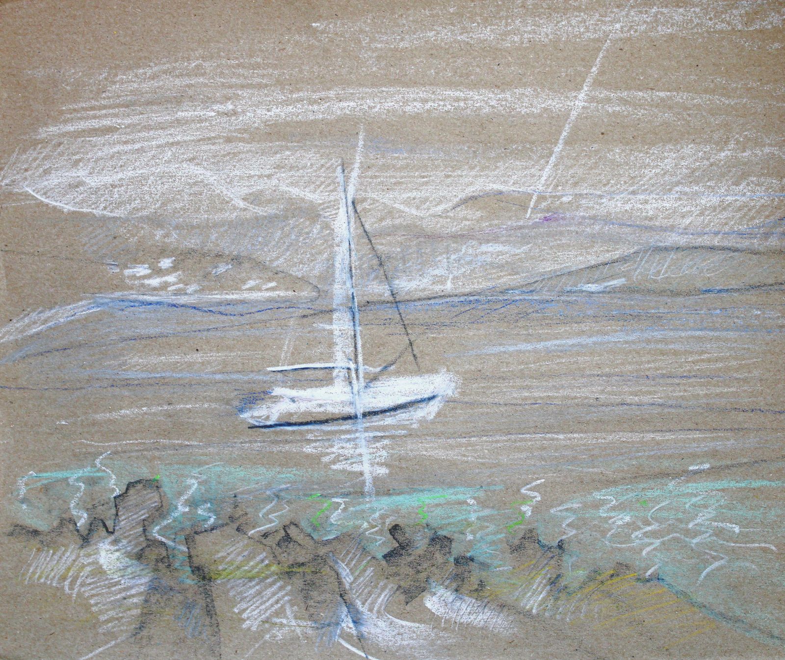 Victor Karnauh White Sailboat. Paper, Pastel