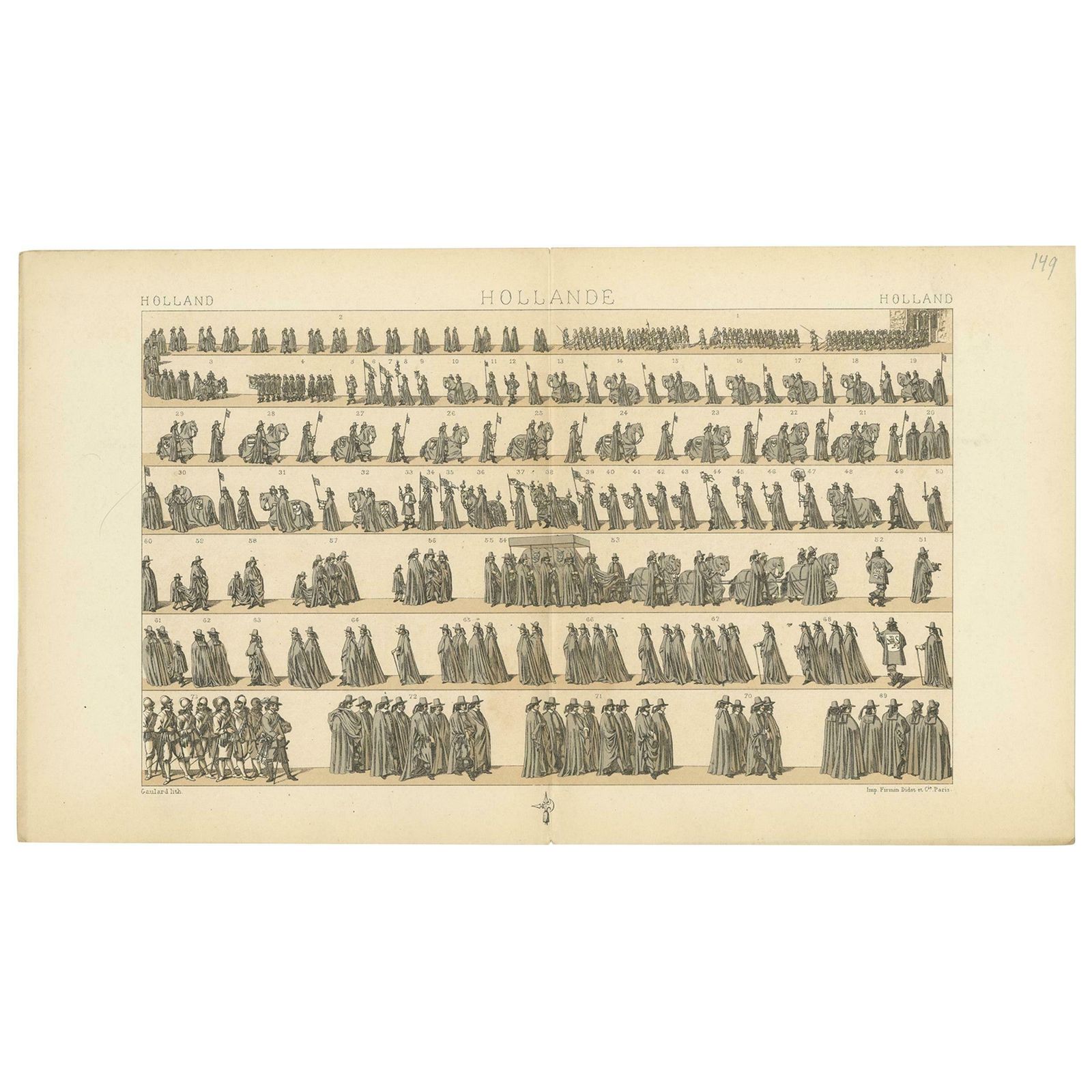 Pl. 149 Antique Print Of Holland Military Parade By Racinet, 'Circa 1880'