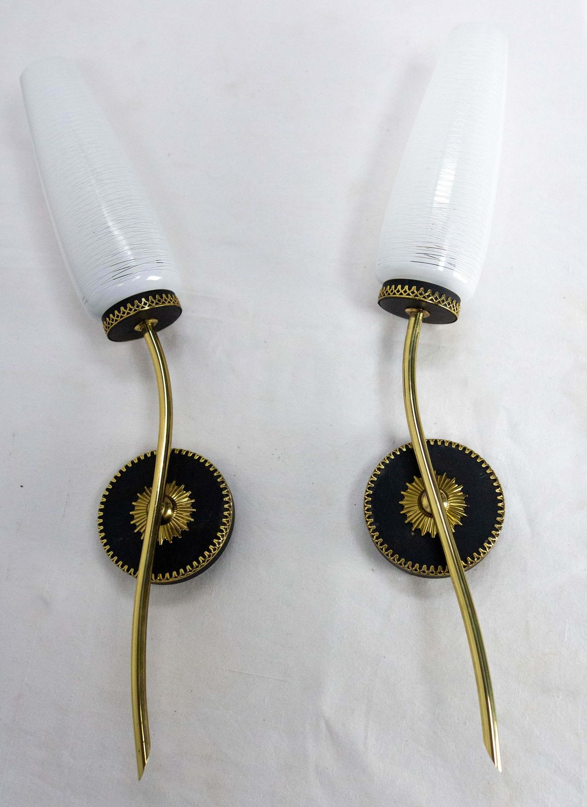 Pair Of Sconces Frozen Glass Black & Golden Chrome Circa 1960 Arlus Style France photo for sale