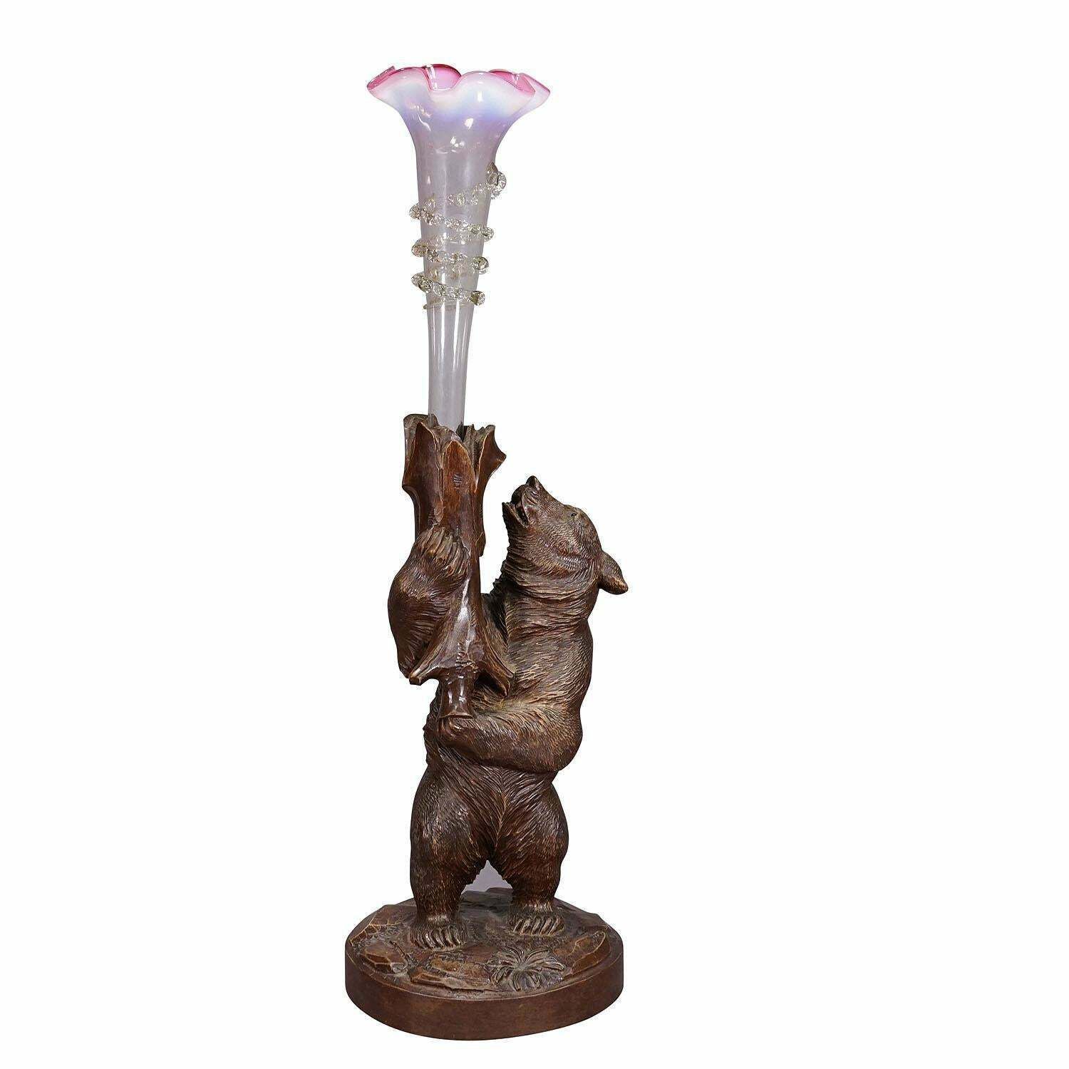 A Wooden Carved Black Forest Bear With Glass Vase Ca. 1900s photo buy
