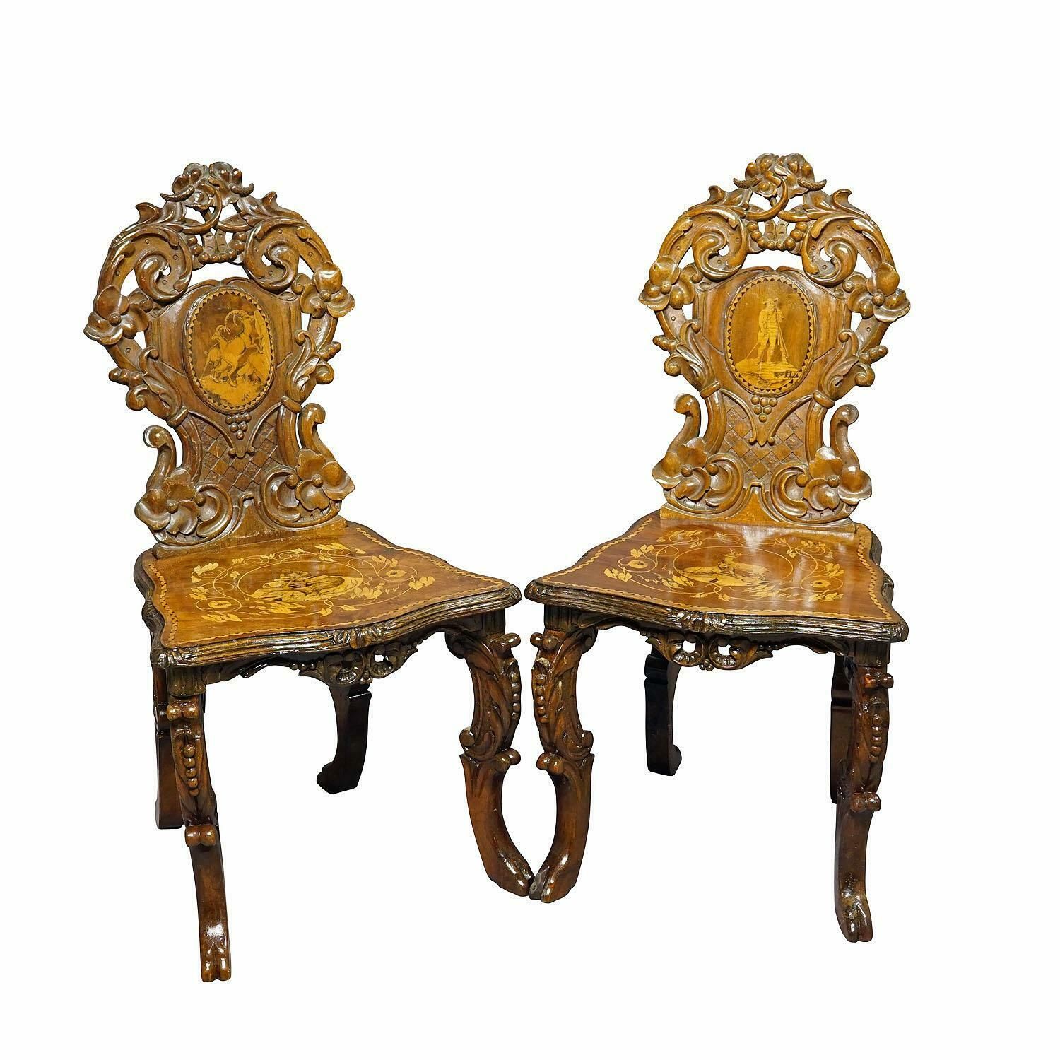 Pair Nutwood Edelweis Marquetry Chairs Swiss Brienz 1900s photo furniture