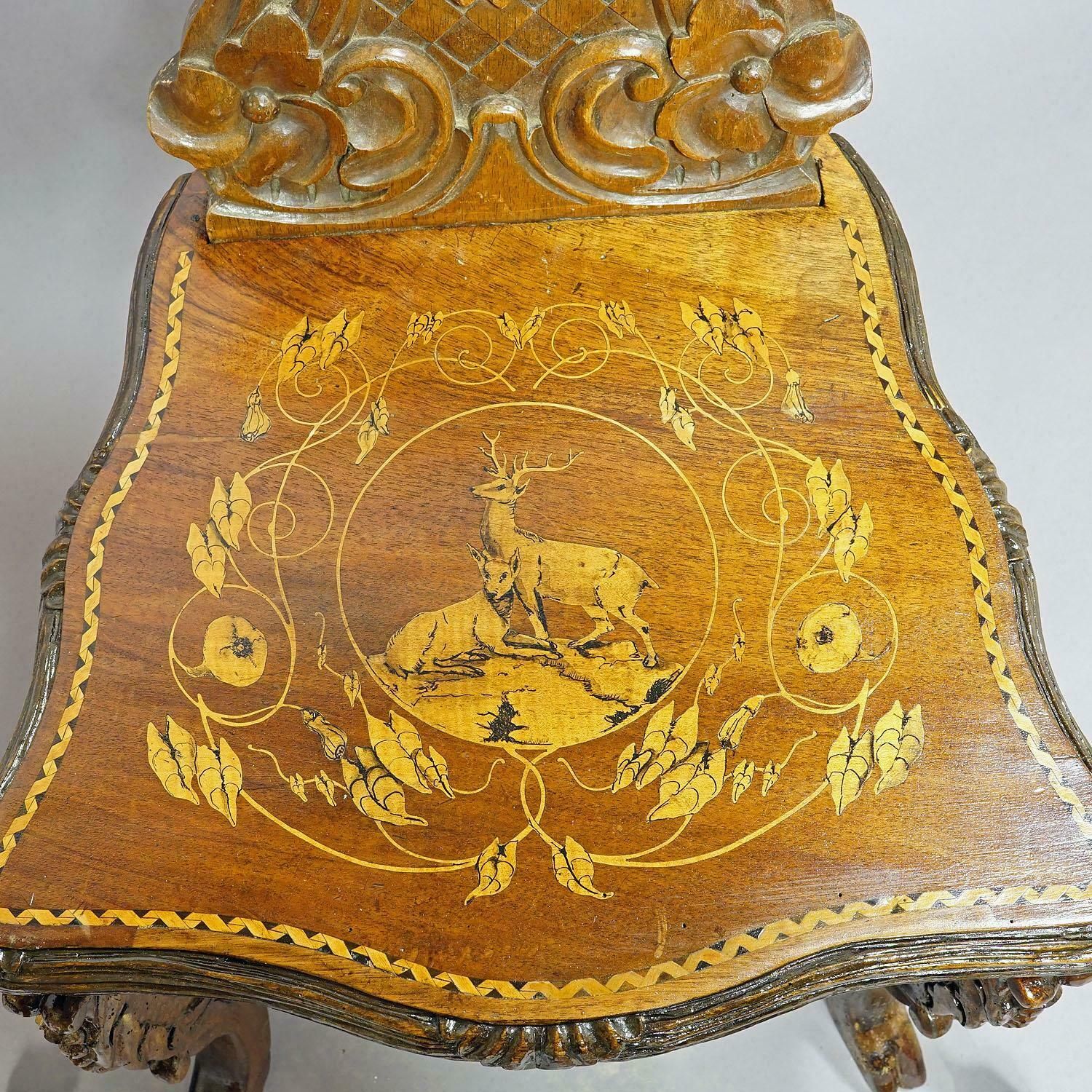 Pair Nutwood Edelweis Marquetry Chairs Swiss Brienz 1900s photo Furniture