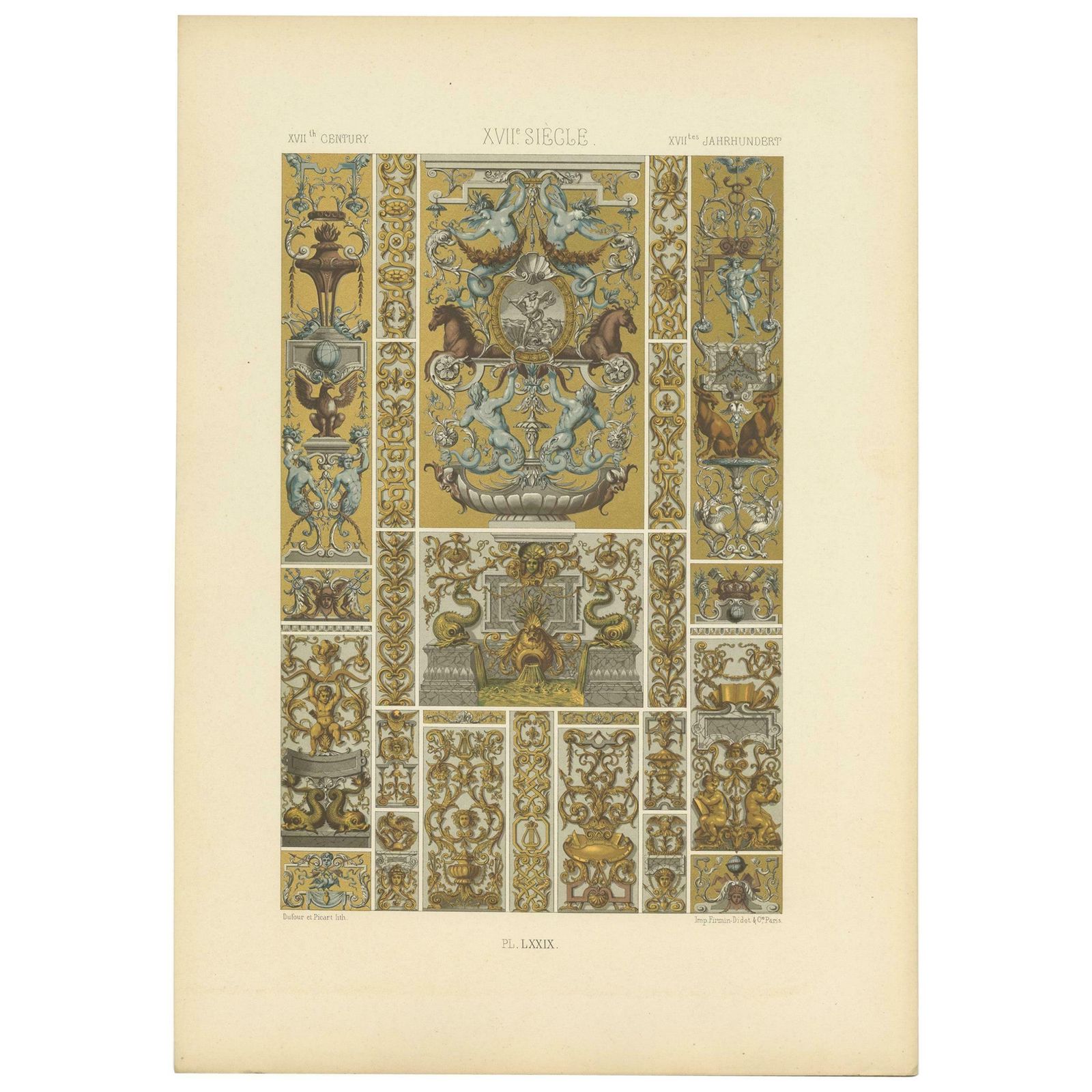 Pl. 79 Antique Print Of Xviith Century Ornaments By Racinet, Circa 1890