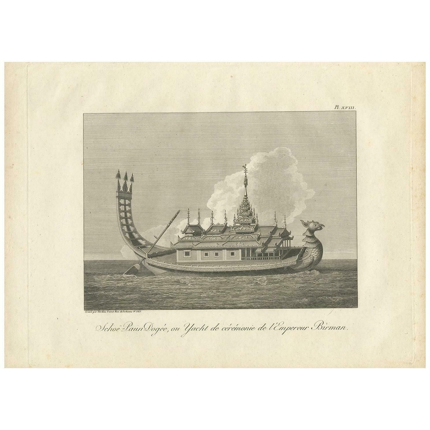 Antique Print Of A Ceremonial Yacht Of The Burmese Emperor By Symes, '1800'