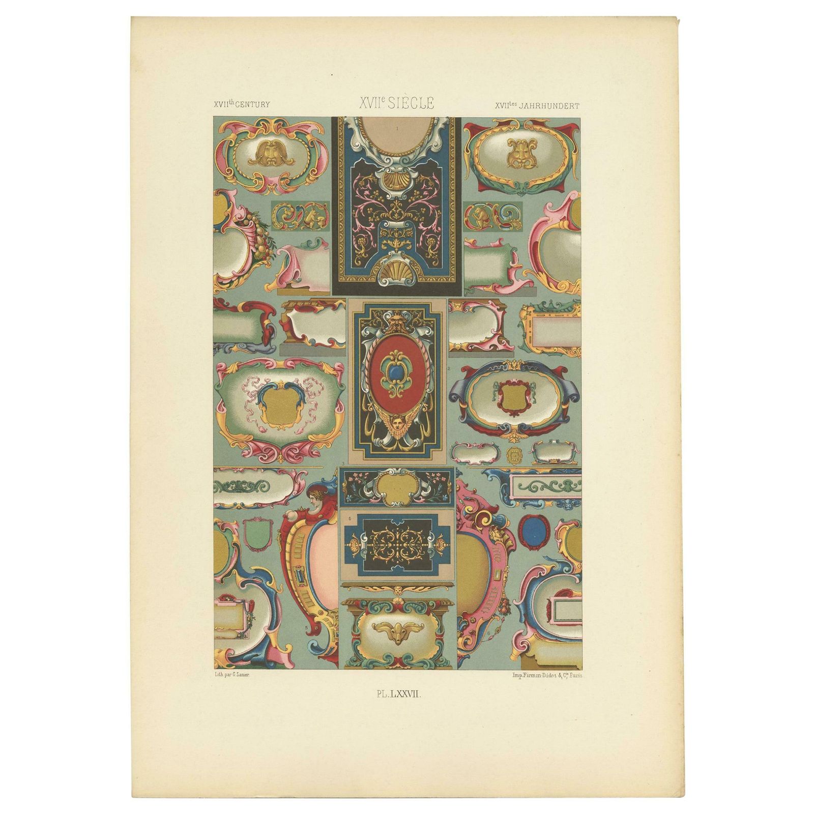 Pl. 77 Antique Print Of 17th Century Ornaments By Racinet, 'Circa 1890'